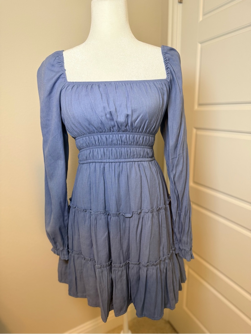 Altard State Smocked Waist Long Sleeve Square Neck Dress - Blue